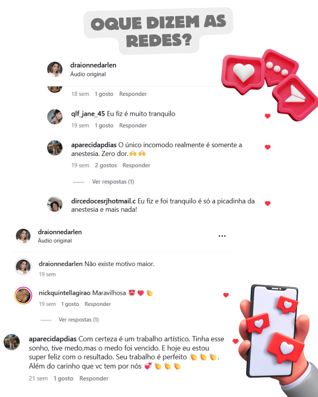 Comentários reais de pacientes elogiando a blefaroplastia com a Dra. Ionne Darlen — relatos de procedimento tranquilo