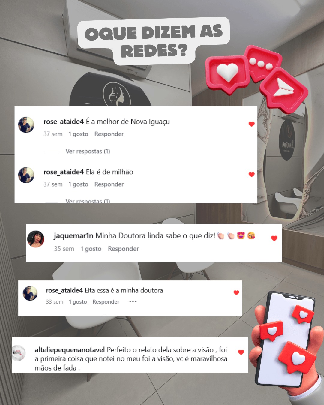 Mensagens de pacientes do Rio de Janeiro elogiando a Dra. Ionne Darlen como referência em blefaroplastia